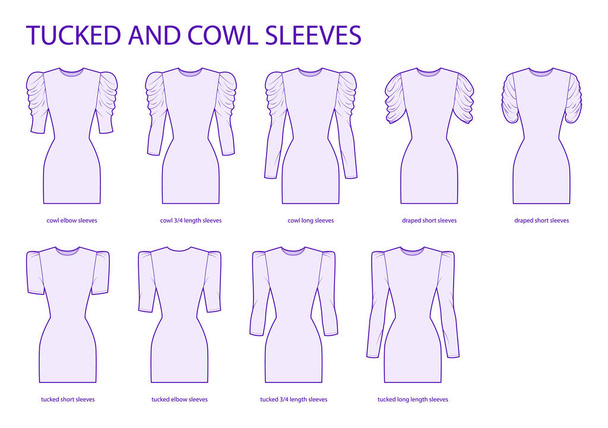 Szett Tucked és Cowl ujjú ruhák - hosszú, rövid, 3-4, könyök hossza, draped technikai divat illusztráció felszerelt test. Lapos ruházati sablon elülső oldalán. Nők, férfiak unisex CAD mockup - Vektor, kép