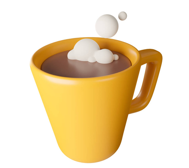 Yellow realistic coffee cup with smoke bubbles on white background, 3D rendering.  - Fotó, kép