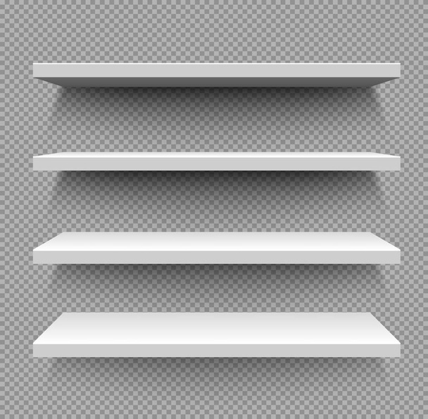 White store shelves, vector blank empty shop showcase display for products. Metal or plastic supermarket retail stand. Bookcase store shopping merchandise market racks shelving realistic 3d mockup - Vector, Image