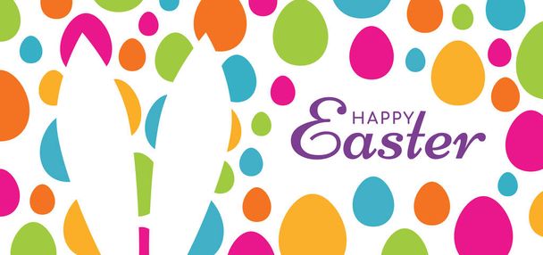 Happy Easter -  banner, poster, header, greeting card with typography, long white bunny ears, and colorful eggs. Vector illustration. - ベクター画像