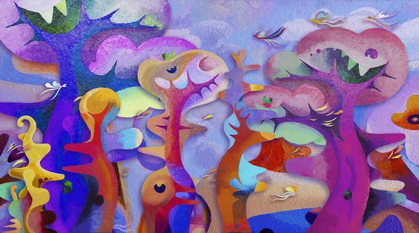 Oil painting surreal forest fantasy, Abstract wallpaper illustration oil paintings surreal forest in the wind with bird, Brush strokes paint, Modern art, Contemporary art, Colorful texture, Fine art. - Photo, Image