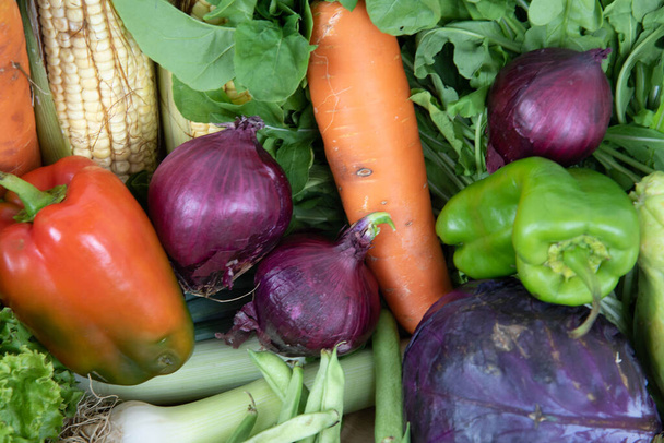 Organik arka planda çeşitli sebzeler. Yenilebilir yiyecekler. Salatalar için malzemeler. Vejetaryen mutfağı. Sağlıklı beslenme. - Fotoğraf, Görsel