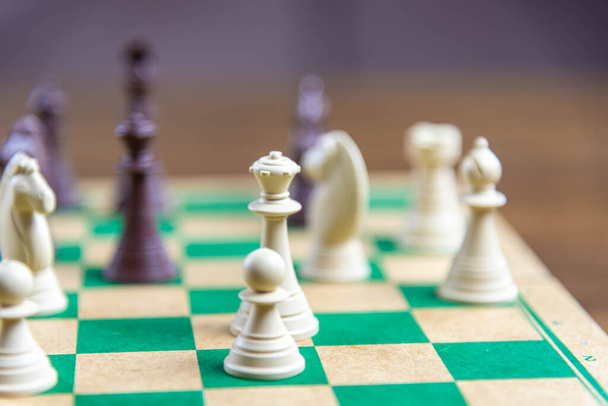 Chess game pieces on the green board. Game of reasoning and strategy. Game of kings. Fun and competition. - Φωτογραφία, εικόνα