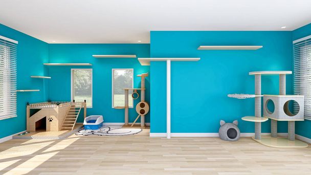 Kedi evi ve kedi evi olan mavi duvarlı bir oda. Kedi için tasarlanmış bir oda.  - Fotoğraf, Görsel