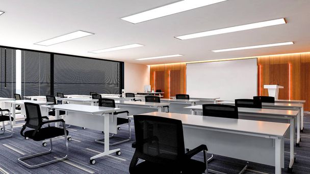 Interior de grande sala de treinamento de escritório moderno com grande tela de monitor curvo para apresentação e monitores de TV de teto, renderização 3D - Foto, Imagem