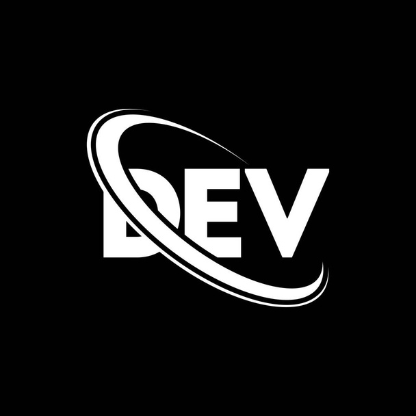 開発ロゴ。"DEV"。DEV文字ロゴデザイン。初期設定円と大文字のモノグラムロゴとリンクされたロゴを開発します。テクノロジー、ビジネス、不動産ブランドのための開発タイポグラフィ. - ベクター画像
