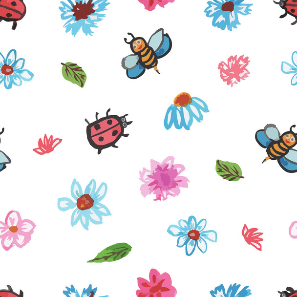 nahtloses Muster auf weißem Hintergrund Blumen, Marienkäfer und Biene - Foto, Bild