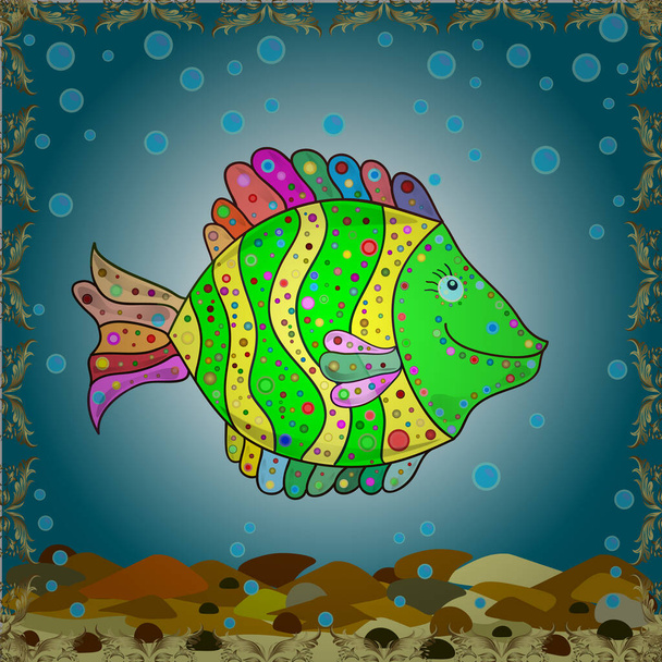 Blue, yellow and green fish. Vector seamless pattern. - Vector, Image