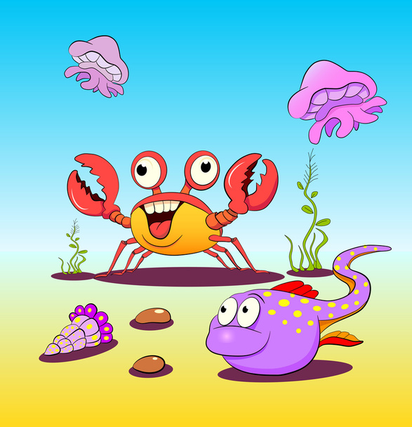 Cartoon fish, crab, shell, jellyfish - Vector, Image