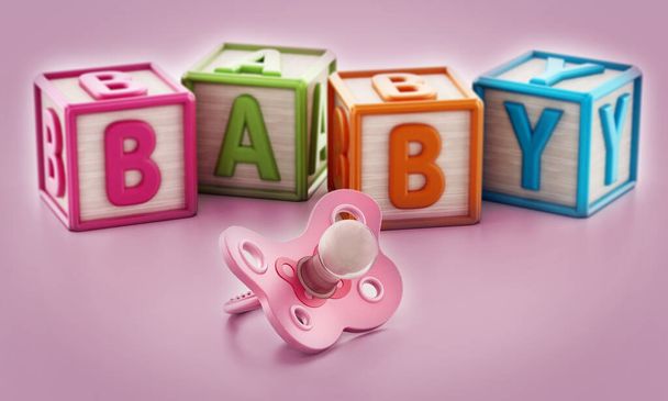Pink baby pacifier and toy cubes forming baby word together on pink background. 3D illustration. - Foto, Imagen