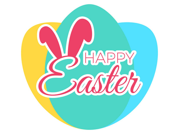 Feliz bandera de Pascua con texto y orejas de conejo en el fondo de la silueta de coloridos huevos de Pascua. Diseño para una tarjeta de felicitación, banner y póster. Ilustración vectorial - Vector, imagen