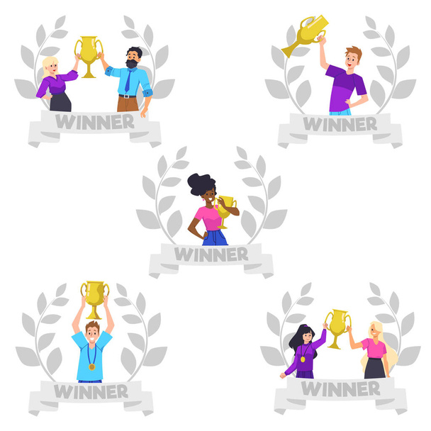 Set of happy winner people holding golden goblets flat style, vector illustration isolated on white background. Decorative design elements collection, successful men and women, victory - Vettoriali, immagini