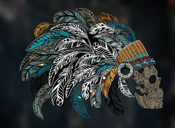 Skull in Indian headdress with feathers - vector - Vector, Image