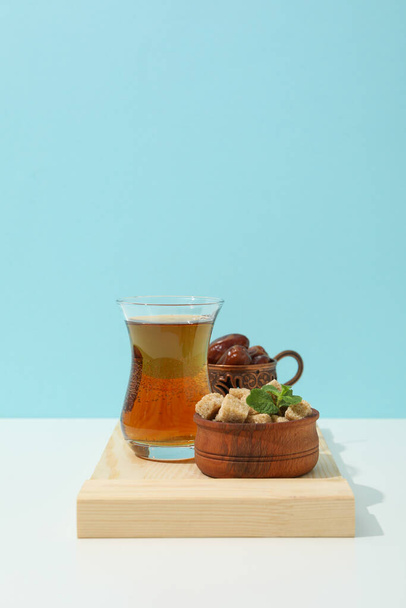 Concept of traditional turkish brewed hot drink, turkish tea, space for text - Φωτογραφία, εικόνα