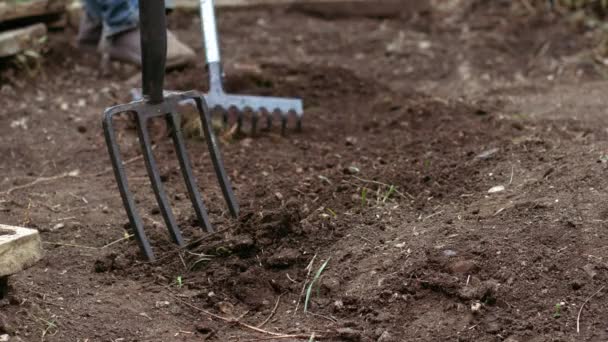 Gardener preparing soil with rake for growing plants wide 4k slow motion shot selective focus - Footage, Video