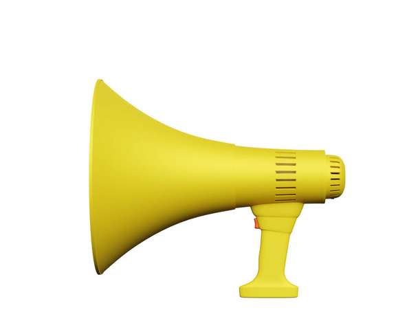 Yellow moutpiece megaphone in isolated background, 3d rendering. Public protest, free speech, announcement or advertising concept - Foto, Bild