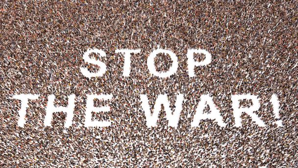 Concept conceptuel grande communauté de personnes formant STOP THE WAR message. 3d illustration métaphore pour la paix, pas de conflit, solidarité, liberté et démocratie, protestation, patriotisme et unité - Photo, image