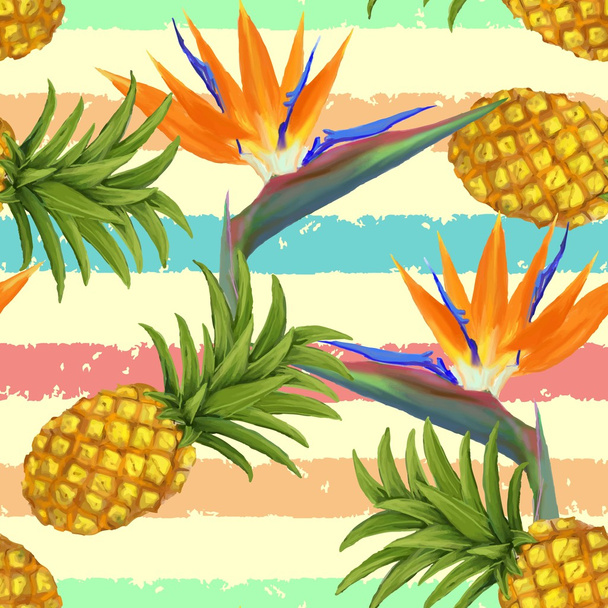 tropical exotic flowers and pineapple seamless pattern in vector - Vector, Image