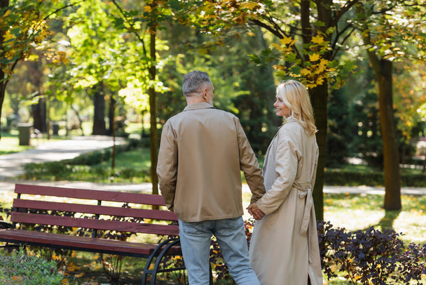 Positive mature couple holding hands while walking in park at daytime  - Valokuva, kuva