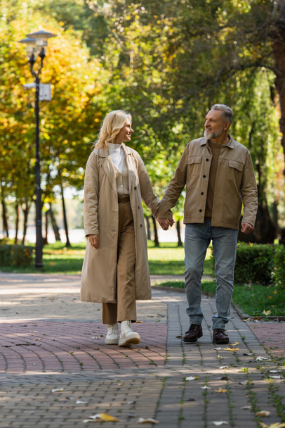 Positive mature couple walking and talking in autumn park   - 写真・画像