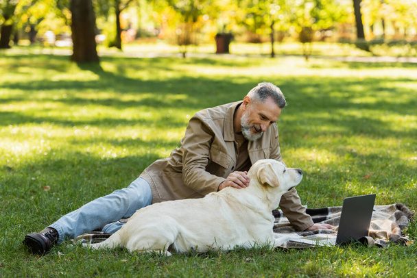 boldog középkorú férfi szürke szakállas simogató labrador kutya közben filmet nézni laptop piknik közben a parkban  - Fotó, kép