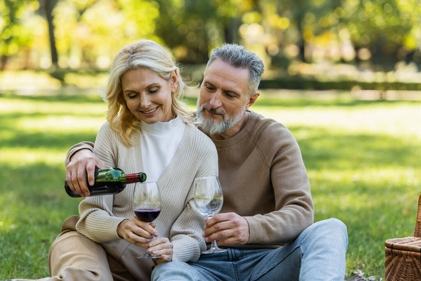 bearded middle aged man pouring red wine into glass near joyful wife during picnic in park  - Photo, Image