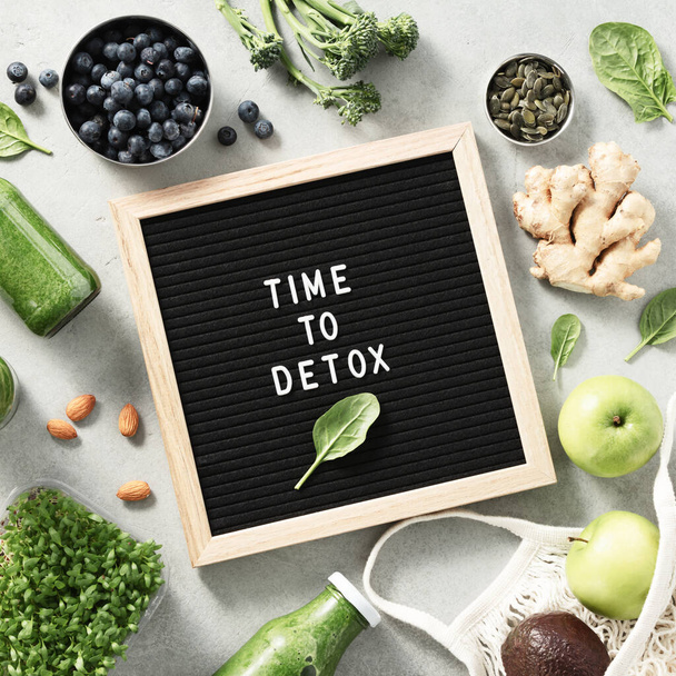 Time to detox letter board quote flat lay. Green smoothie and Healthy ingredients. Healthy eating concept square composition - Photo, image