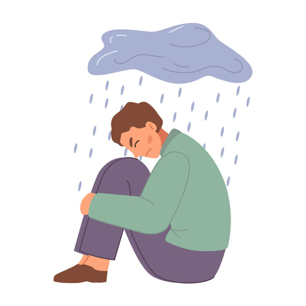 Emotionele overstuur personage onder wolk met regen, angstig en zenuwachtig persoon. Geïsoleerde man met problemen en problemen, depressief en gestrest. Vector in vlakke stijl - Vector, afbeelding