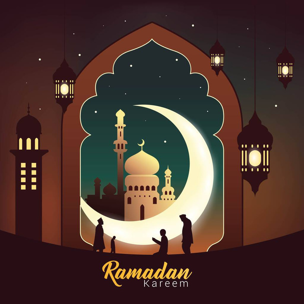 Bannière Ramadan kareem avec illustration vectorielle de croissant, lanterne et mosquée. Idéal pour carte de vœux, bannière, affiche et flyer - Vecteur, image