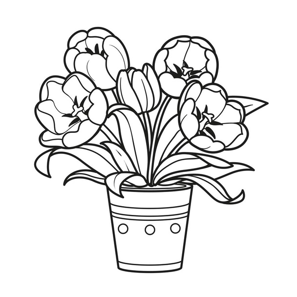 Tulips flowers in pot coloring book linear drawing isolated on white background - Vektor, obrázek