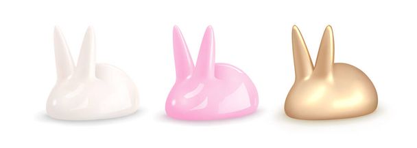 Set of adorable rabbits in white, pink and gold colors. 3D illustration of cute bunny figurines. Design element isolated on white. Suitable for Easter Sunday and Mid Autumn Festival. 3d vector object - Vector, imagen
