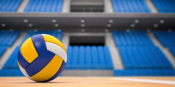 Volleyball ball and net in voleyball arena during a match. 3d illustration - Φωτογραφία, εικόνα