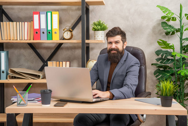 smiling confident bearded boss study online on laptop in the office, office worker. - Foto, Bild