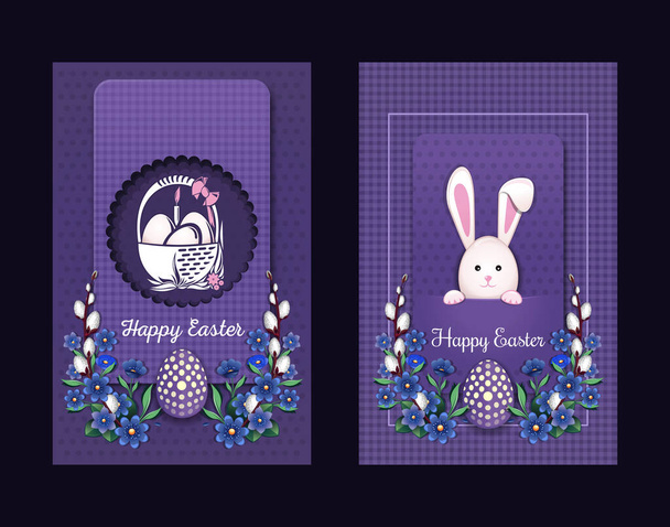Easter cards set. Easter bunny and a basket with Easter eggs. Vector illustration - Vector, imagen