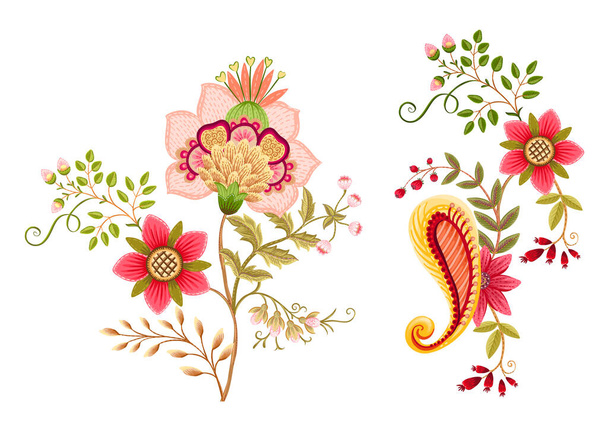 Fantasy flowers in retro, vintage, jacobean embroidery style. Element for design. Vector illustration. - Vector, Image