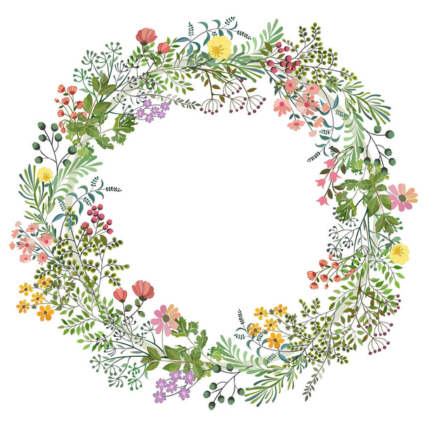 Blumen mit Blättern, runder Kranz isoliert auf weißem Hintergrund. Frühlingskunstdruck mit botanischen Elementen. Folk-Stil. Plakate für die Frühlingsferien. .. - Vektor, Bild