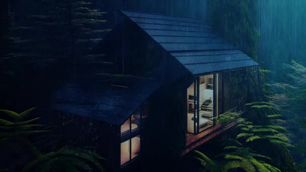 Huizen midden in de jungle op een koele regenachtige nacht - Video