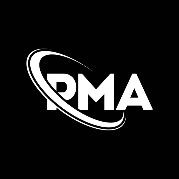 PMAロゴ。PMAの手紙。PMAレターロゴデザイン。初期のPMAロゴはサークルと大文字のモノグラムロゴとリンクされています。テクノロジー、ビジネス、不動産ブランドのためのPMAタイポグラフィ. - ベクター画像