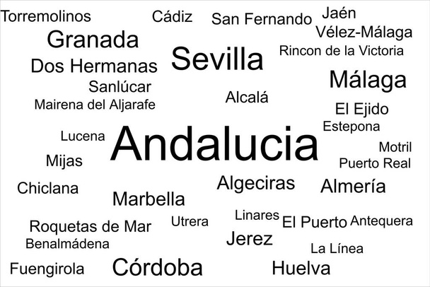 Tag wolk van de grootste steden in Andalusië, Spanje. - Foto, afbeelding