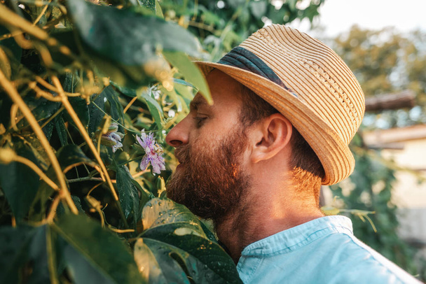 Exotic garden. Closeup portrait of smiling bearded gardener in straw hat smells the passion fruit flower. The concept of organic gardening and horticulture. - Photo, Image