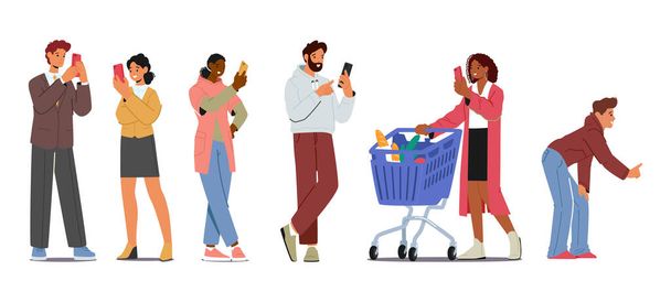 Набір молодих персонажів з телефонами, концепція спілкування зі смартфонами. Чоловіки та жінки, які тримають мобільні телефони, спілкуються у соціальних мережах, передають розпізнавання на екрані, текстових повідомленнях. Мультфільм Люди Векторні ілюстрації
 - Вектор, зображення