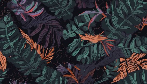 Patrón floral, hojas, plantas, patrón exótico con hojas de palma. Ilustración vectorial. Ilustración vectorial - Vector, Imagen