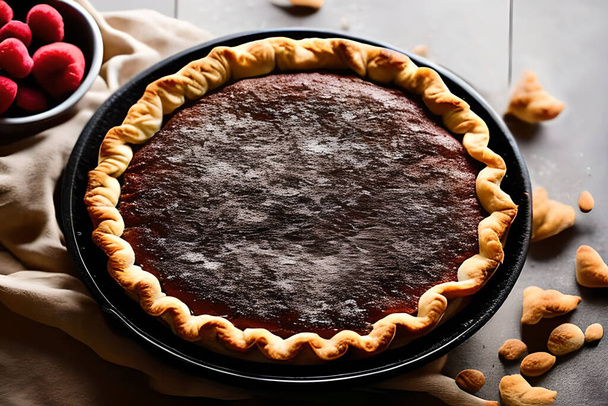 Chocolate buttermilk pie in a table aesthetic with some negative space to put text studio shoot for commercial marketing and promotion. - Photo, Image