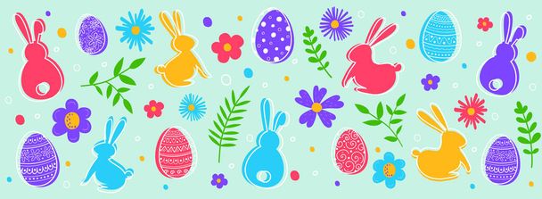 Easter decoration with painted eggs, bunnies and flowers. Banner. Vector illustration - Vector, Image