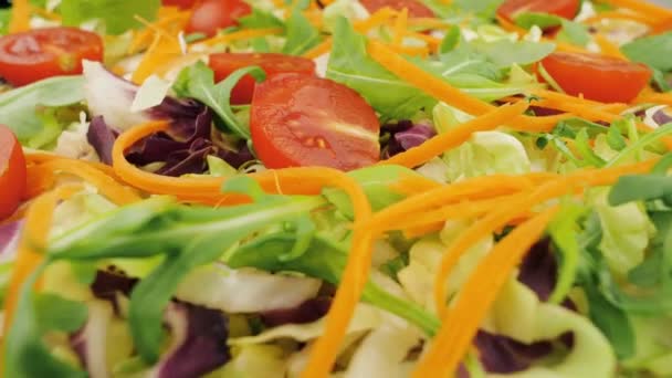 Salade de légumes mélangée à la roquette, à la tomate cerise, à la laitue pourpre, aux épinards, à l'endive frisée, à la feuille de blette et à la carotte - Séquence, vidéo