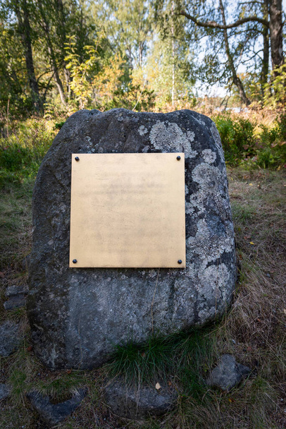 Empty golden plate on a rock in nature. Mockup with textured surface. - Foto, Imagen