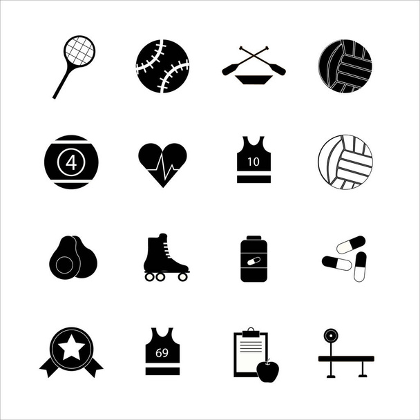 Verzameling van pictogrammen met verschillende sporten en gezond eten in eenvoudig design - Vector, afbeelding