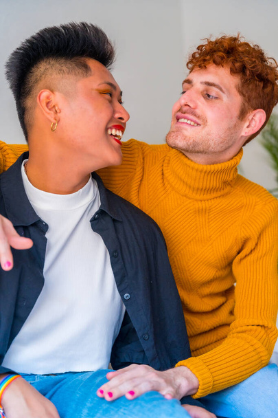 Portrait of beautiful gay couple in makeup, smiling indoors at home, lgbt concept - Valokuva, kuva