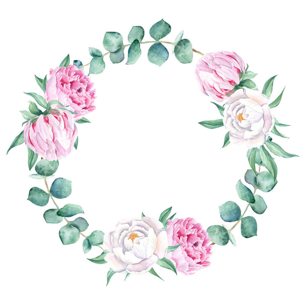 Aquarell rosa und weiße Pfingstrosen, Eukalyptuszweige Kranz isoliert auf weißem Hintergrund. Handgezeichnete botanische Illustration. Für Hochzeitseinladungen, speichern Sie das Datum, Grußkarte, Logos, Drucke - Foto, Bild