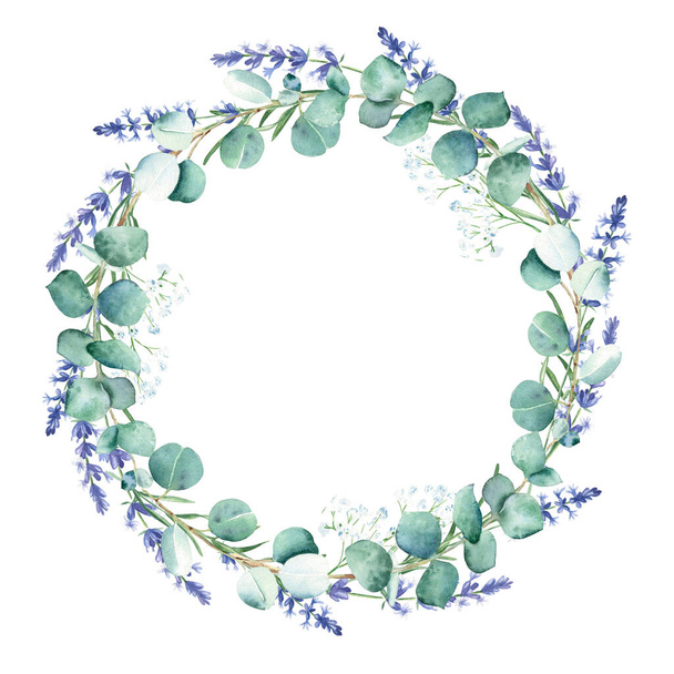 水彩ユーカリとラベンダーの枝の花輪、白い背景に隔離されたラウンドフレーム。手描きの植物イラスト。結婚式の招待状のために、日付、挨拶カード、ロゴ、プリントを保存します - 写真・画像
